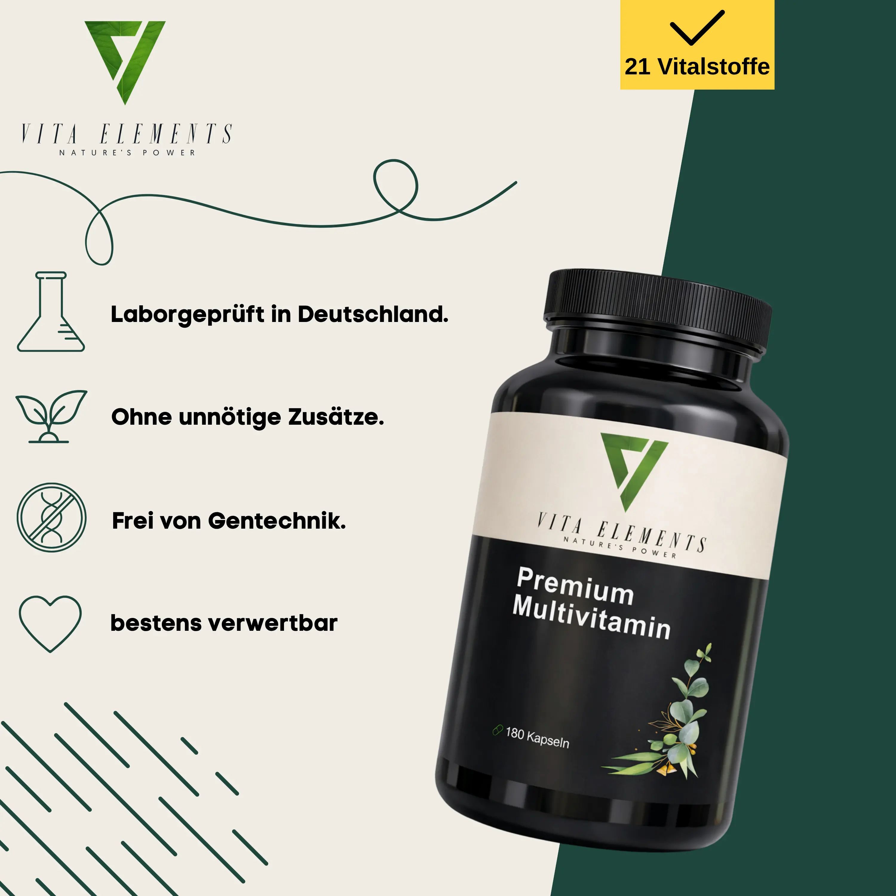 Vita Elements Premium Multivitamin Kapseln: Laborgeprüft, ohne Zusätze, gentechnikfrei, gut verwertbar.