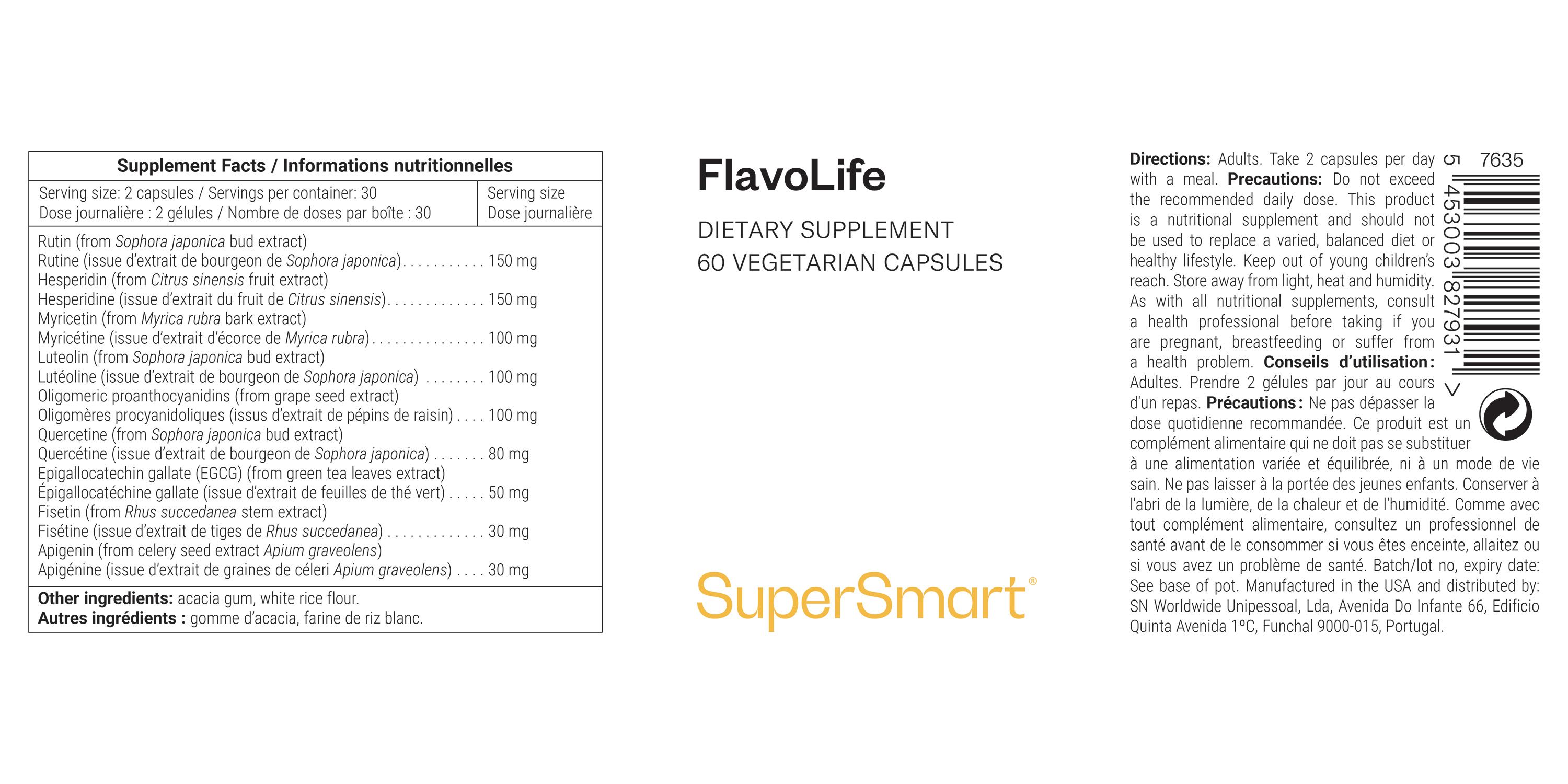 Etikett mit Nährwertangaben und Flavolife-Logo. Enthält 60 vegetarische Kapseln. SuperSmart-Logo.