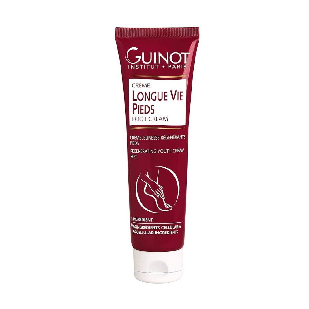 Rote Tube mit weißem Deckel. Aufschrift: Guinot, Longue Vie Pieds, Foot Cream. Enthält Cellular Ingredients. Fuß-Illustration.