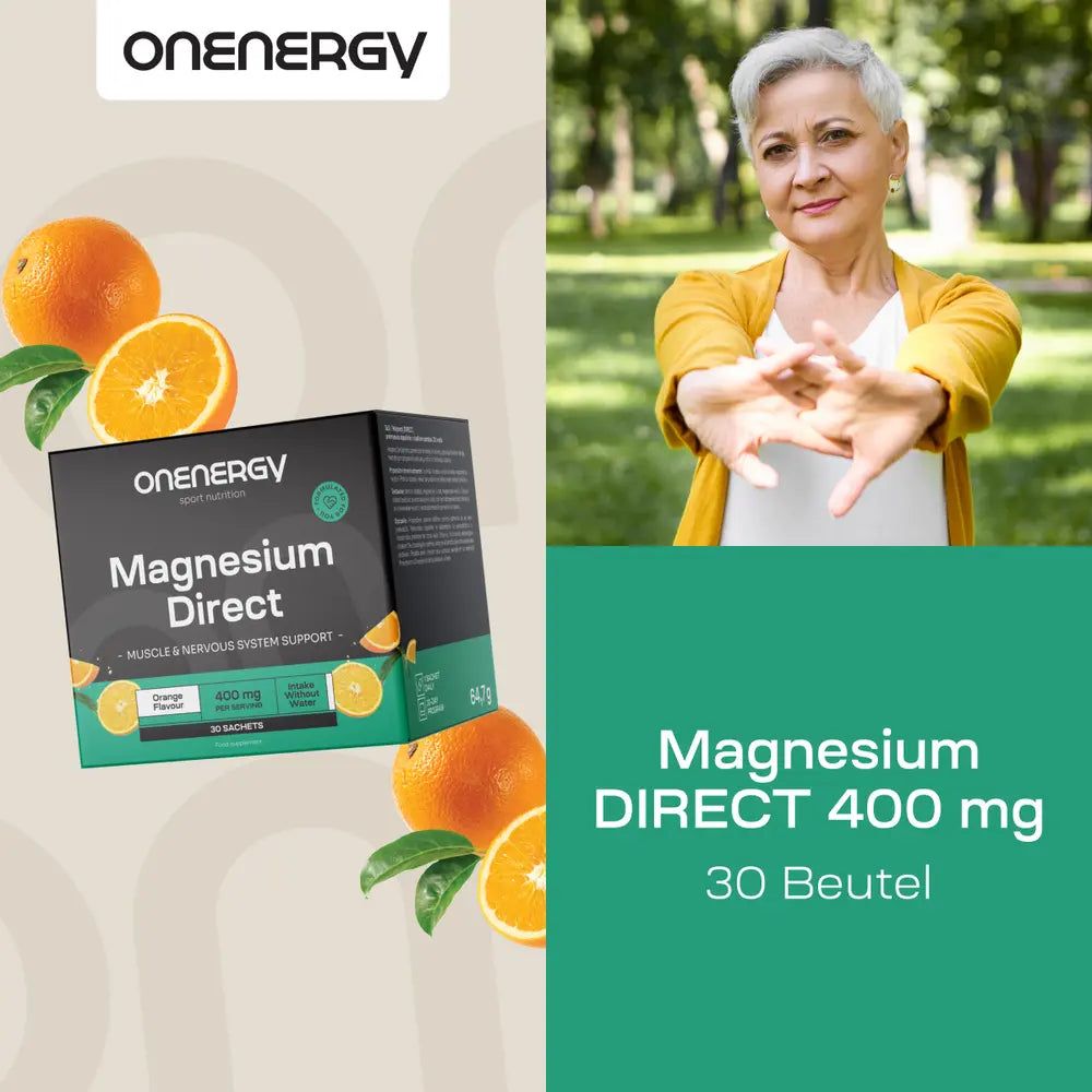 Magnesium Direct 400 mg, 30 Beutel. Box mit Produkt und Orangen. Frau im Park.