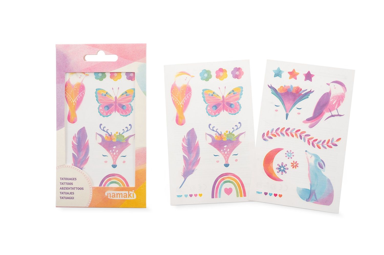 Namaki Kinder Tattoos. Motive: Schmetterling, Fuchs, Feder, Regenbogen. Mehrfarbig. Drei Bögen mit verschiedenen Motiven.