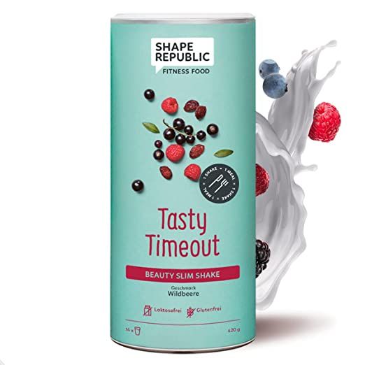 Zylindrische Dose mit Aufschrift Shape Republic, Tasty Timeout, Wildbeere. Abbildung von Beeren und Milchspritzer.