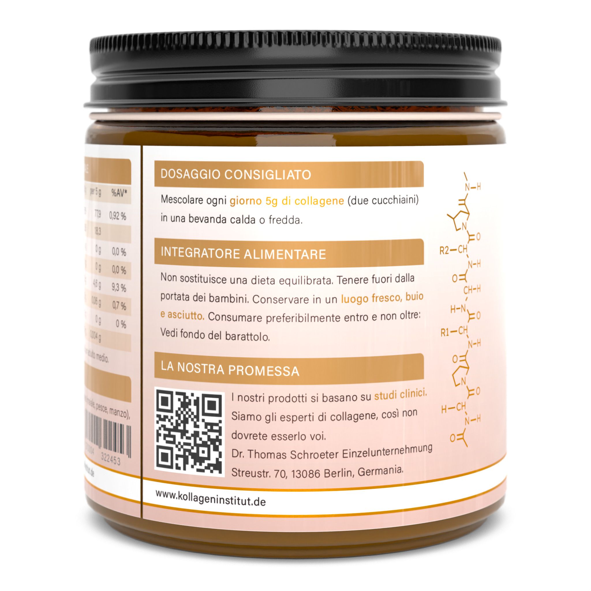 Retro del barattolo di Kollagen Institut Multiplo. Mostra le raccomandazioni di dosaggio, le informazioni sugli integratori alimentari, le istruzioni di conservazione e l'indirizzo del produttore. Include un codice QR e una formula strutturale chimica.