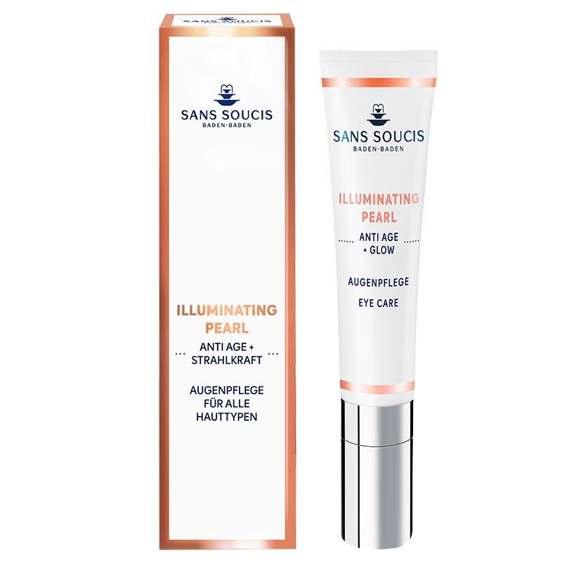 Weiße Tube und Karton mit Produktinformationen. Aufschrift: Illuminating Pearl, Anti Age + Glow. Augenpflege.