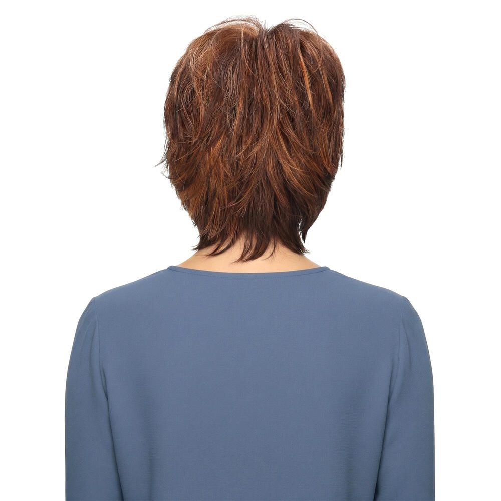 Kurzhaarperücke, rotbraun, auf einer Frau. Rückansicht.