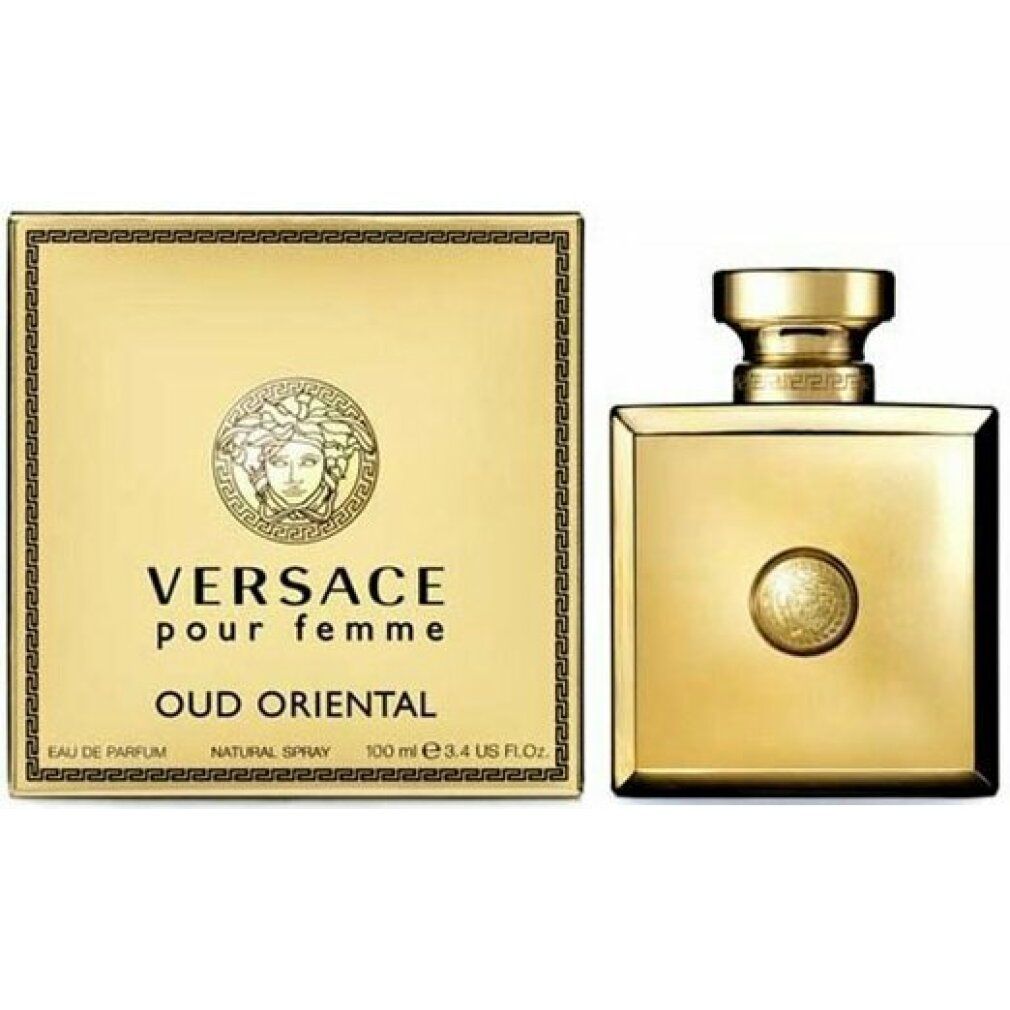Goldfarbener Flakon und Verpackung. Auf der Verpackung steht: Versace Pour Femme Oud Oriental.