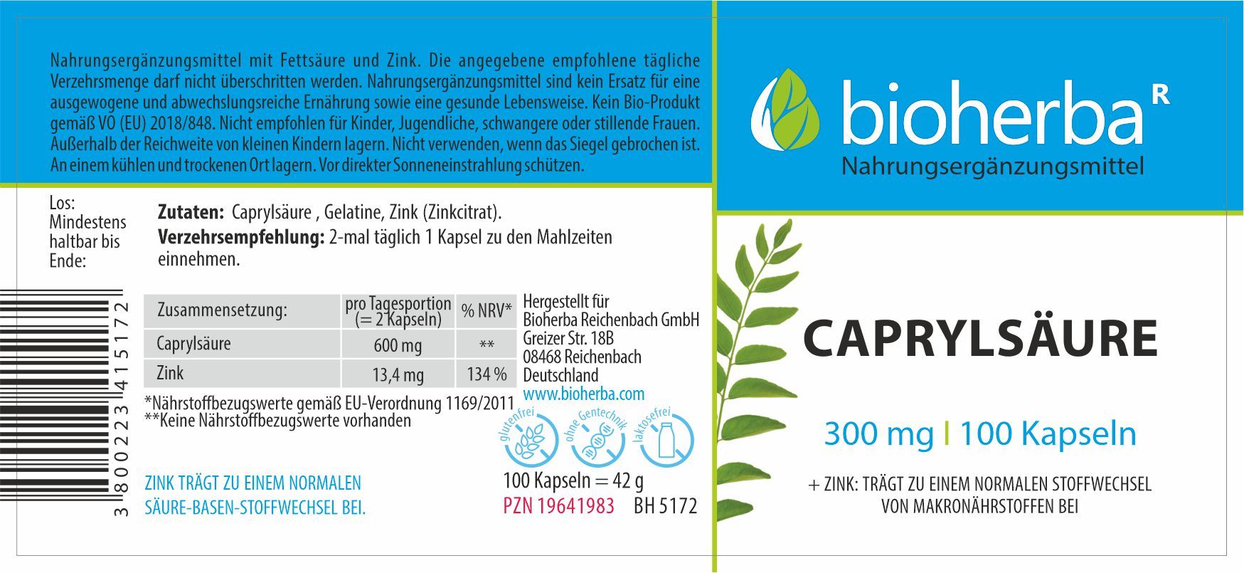 Etikett mit Produktinformationen. Enthält Caprylsäure, Zink. Text: Bioherba, Caprylsäure 300 mg, 100 Kapseln.