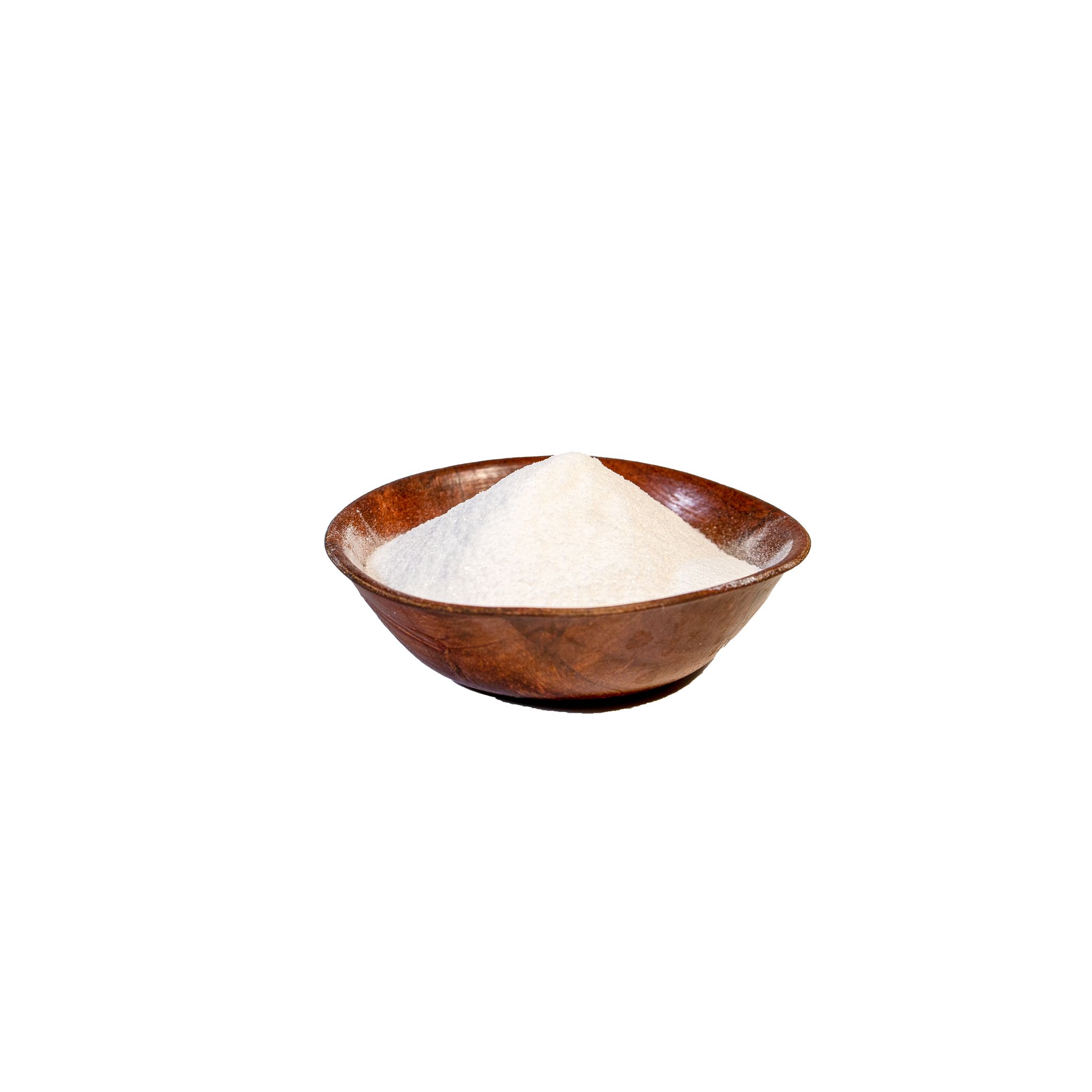 Braune Schale mit weißem Pulver. Der Inhalt ist leicht erhöht.