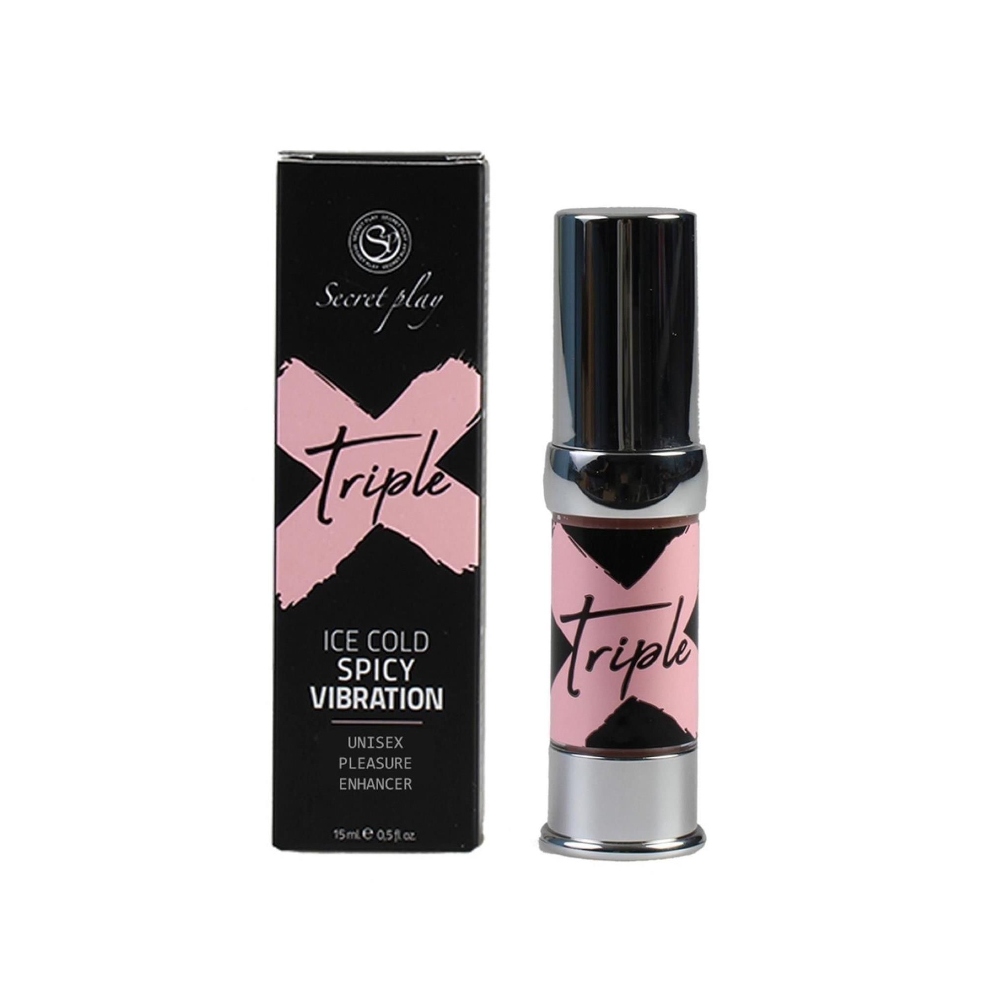 Produkt und Verpackung. Flasche mit silberner Kappe und schwarzer Schachtel. Aufschrift: Triple, Ice Cold Spicy Vibration, Unisex Pleasure Enhancer.