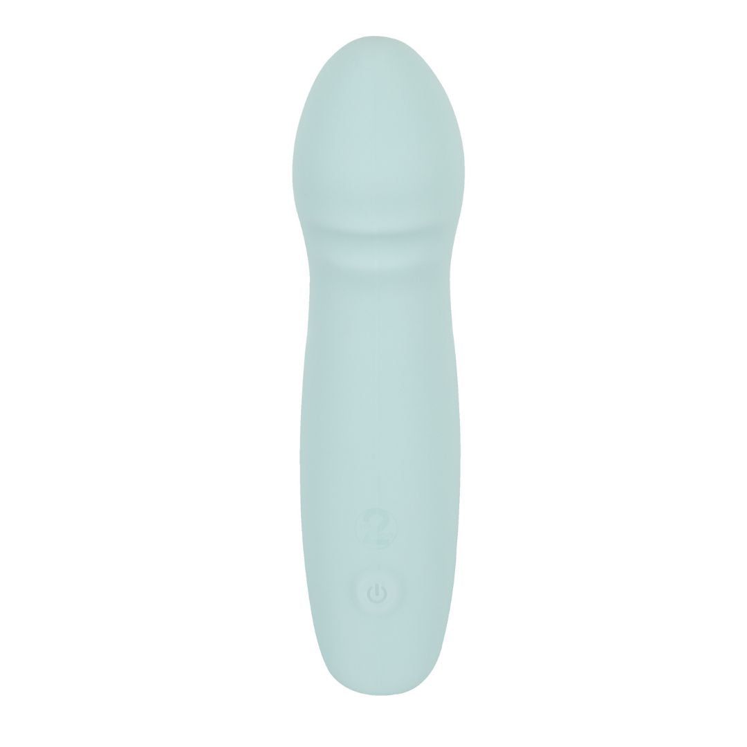 Hellblauer Vibrator mit ovalem Kopf und gebogener Form. Zwei Knöpfe.