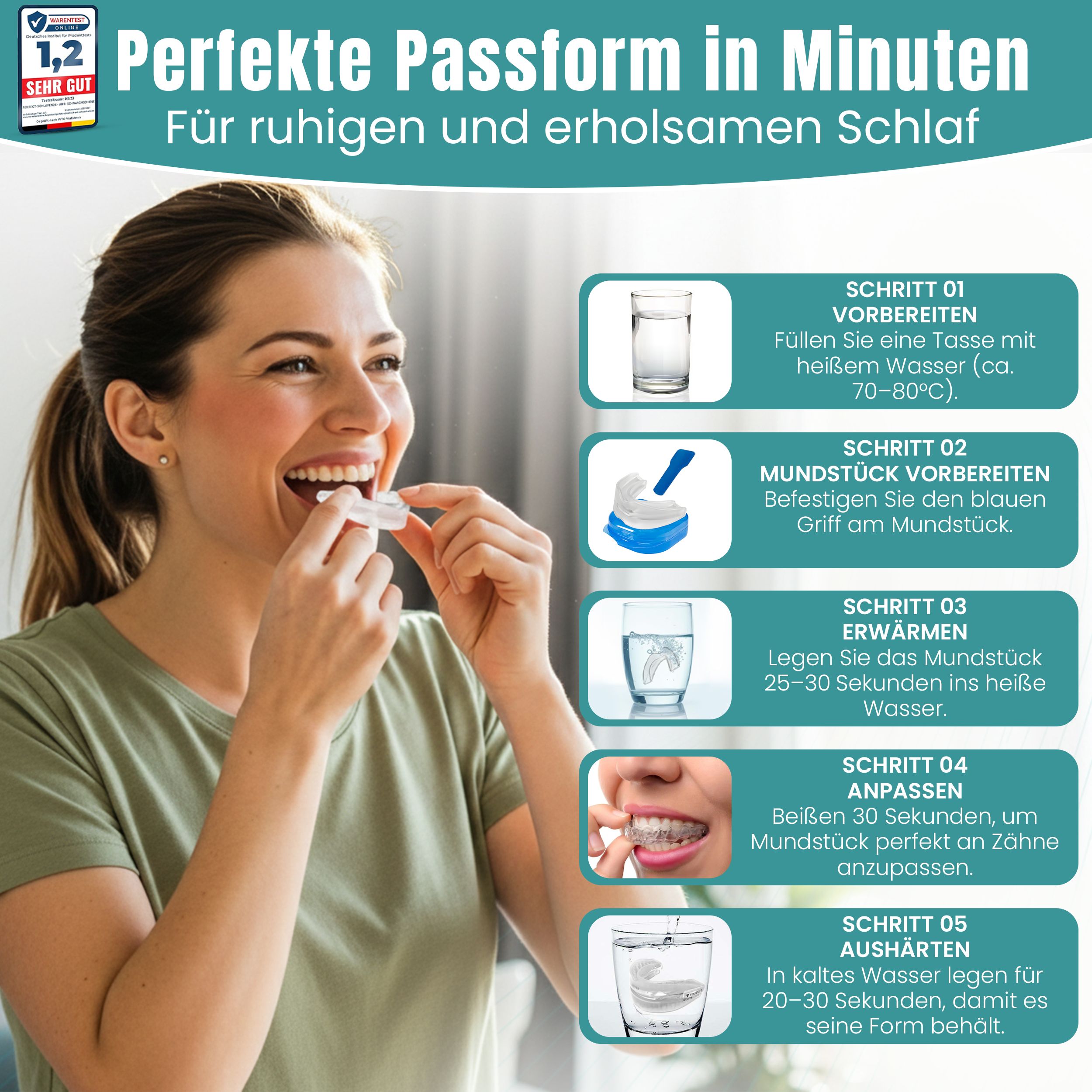 Mundstück. Frau hält Mundstück. Schritte: Vorbereiten, Mundstück vorbereiten, Erwärmen, Anpassen, Aushärten. Wassergläser.