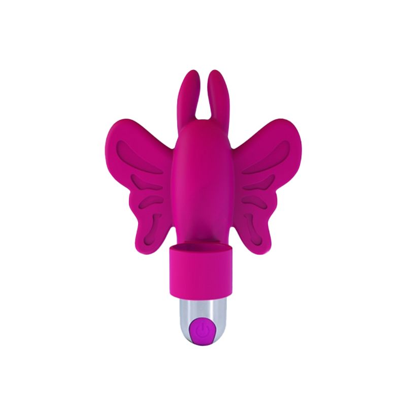 Rosa Fingervibrator, Schmetterlingsform. Zwei Flügel, zylindrischer Teil mit Knopf.