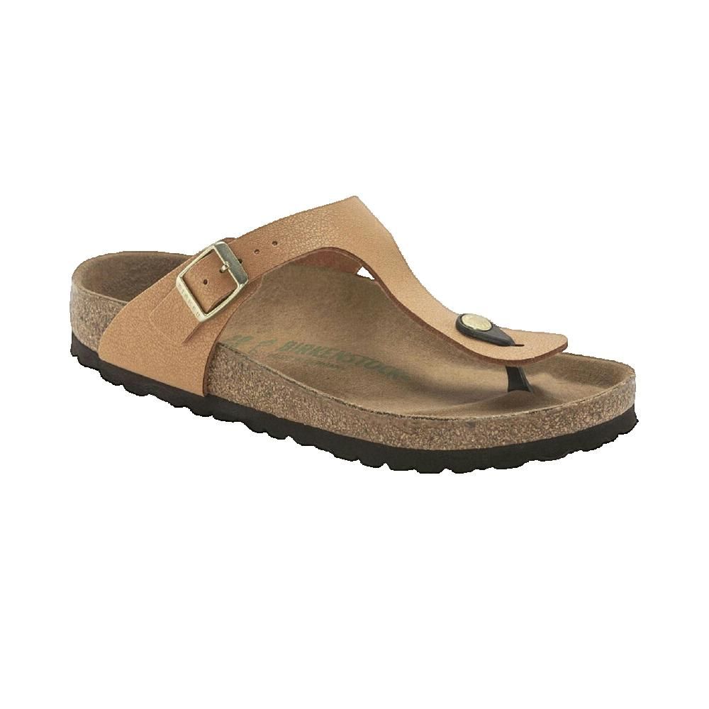 Sandalo Birkenstock Gizeh, pelle marrone, plantare in sughero, fibbia regolabile.
