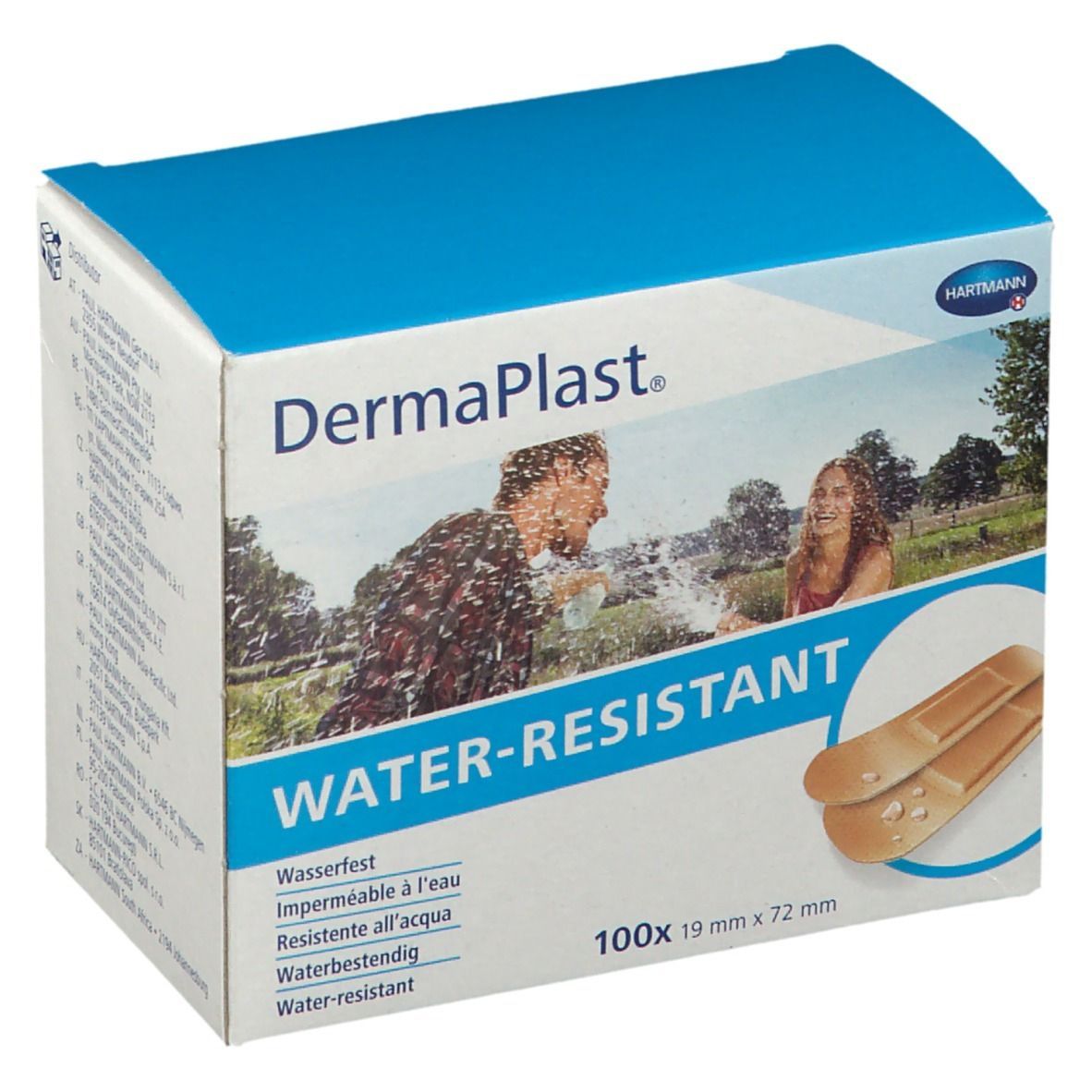 Schachtel DermaPlast wasserfeste Pflaster. Blaue Oberseite, weißer Hintergrund mit Produktabbildung und Text. 100 Stück, 19 x 72 mm.