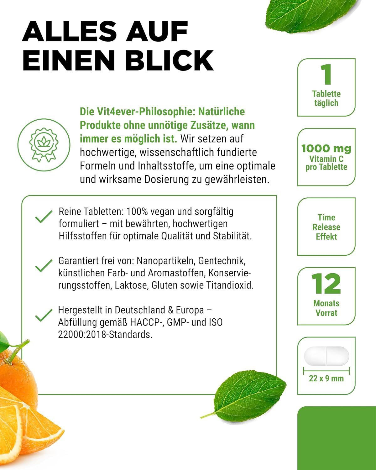 Vit4ever Vitamin C 1000mg: 1 Tablette täglich, 12 Monate Vorrat, 22x9mm Tabletten, hergestellt in DE/EU.