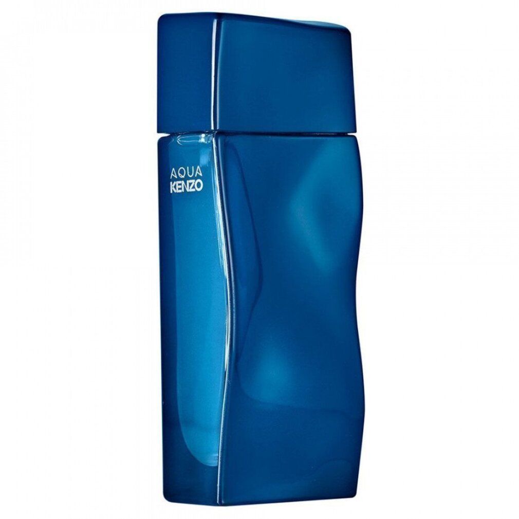 Blaues Parfümflakon mit AQUA KENZO-Schriftzug. Geschwungene Form.