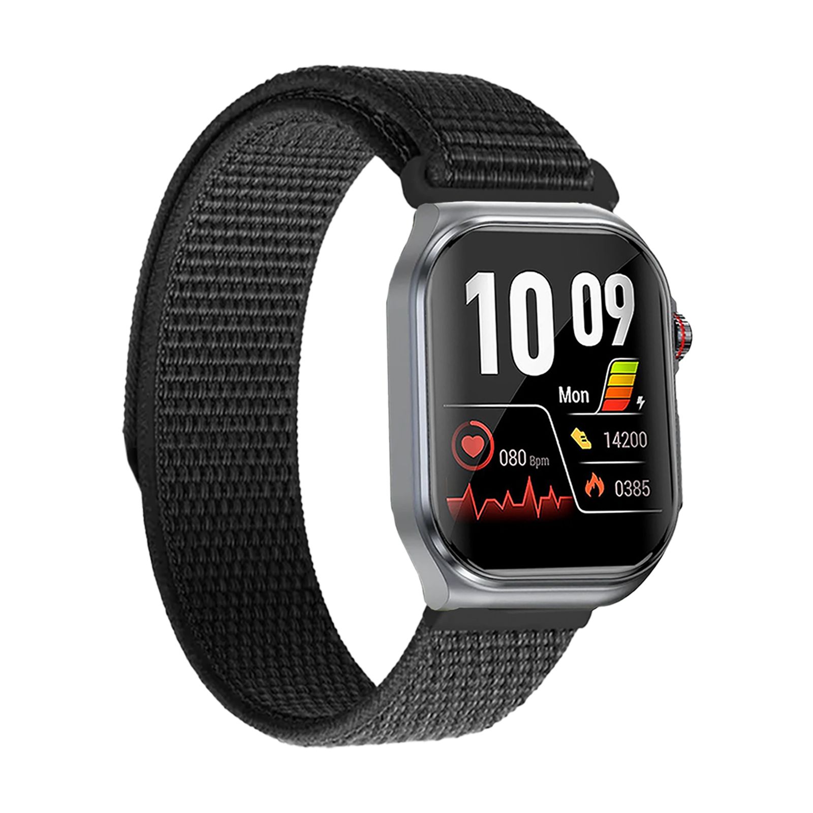 Seitenansicht einer Smartwatch mit schwarzem Stoffarmband und silbernem Gehäuse. Das Display ist aktiv.