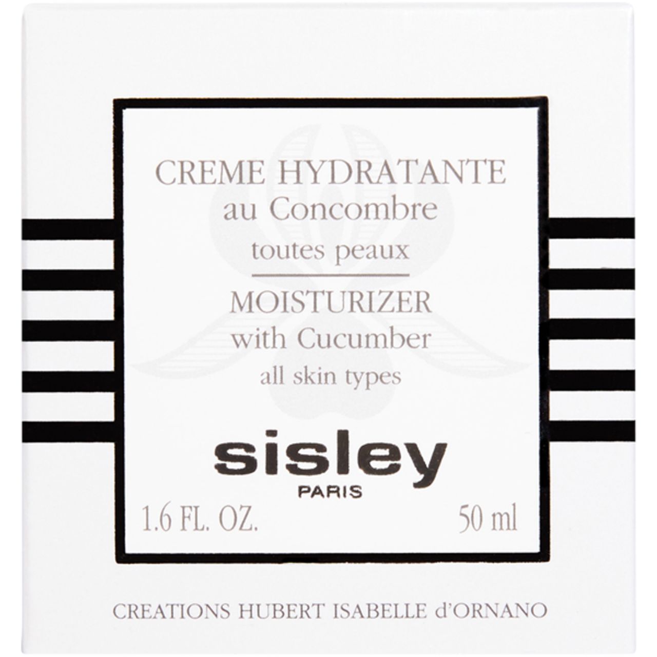 Weiße Schachtel mit Creme Hydratante au Concombre. Aufschrift: MOISTURIZER with Cucumber, Sisley Paris, 50 ml.