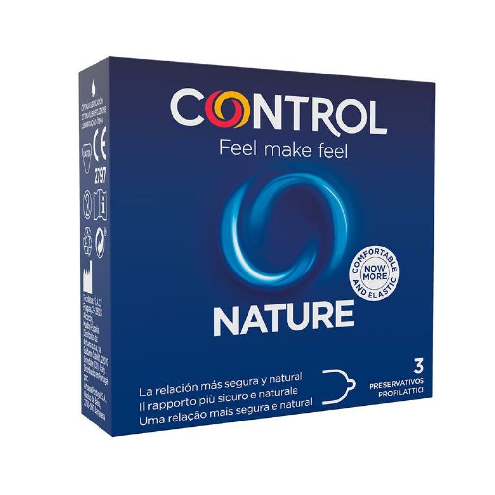 Packung Control Nature Kondome, 3 Stück. Vorderseite der blauen Verpackung mit Logo und Produktnamen.