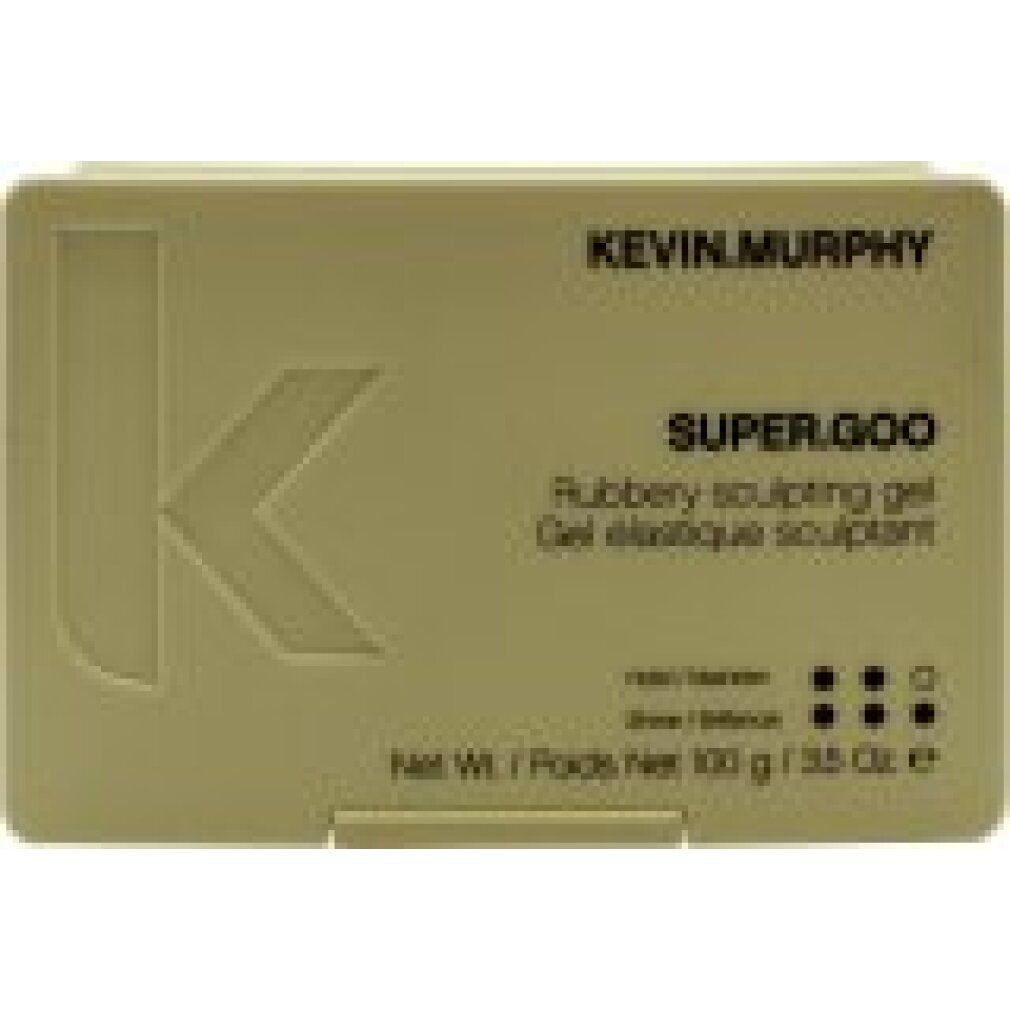 Beige rechteckige Dose. Aufschrift: KEVIN.MURPHY, SUPER.GOO, Rubbery sculpting gel, Gel élastique sculptant. Schwarze Punkte.
