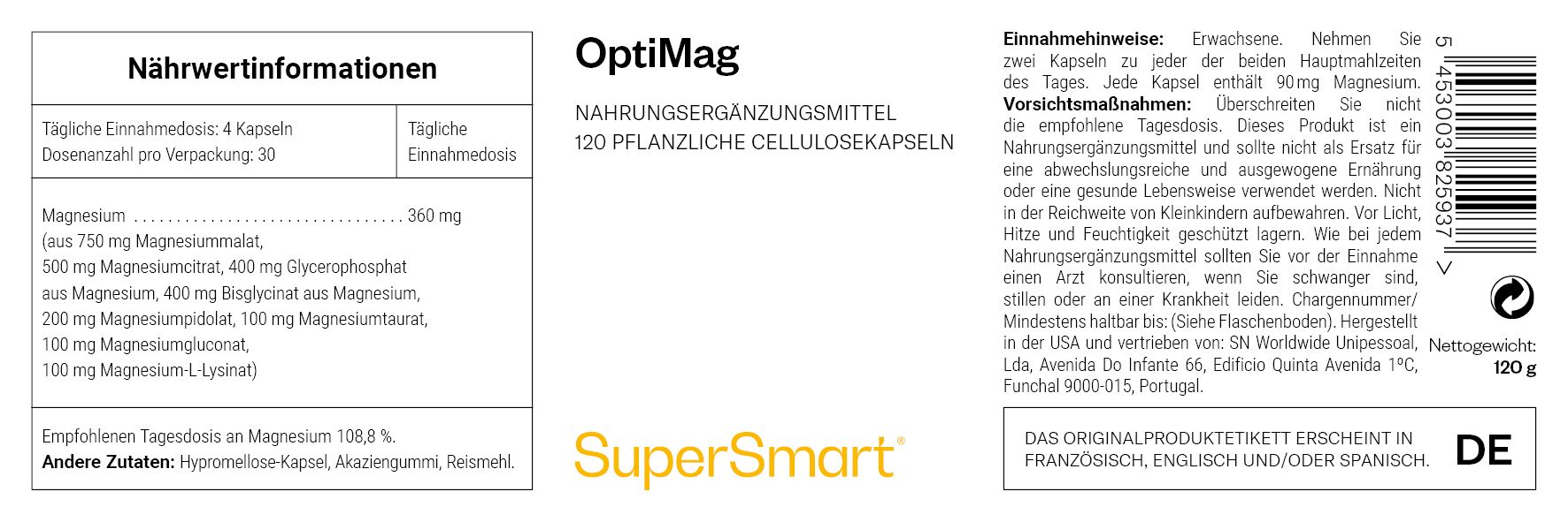 OptiMag-Nahrungsergänzungsmittel. 120 pflanzliche Zellulosekapseln. Enthält Magnesium. SuperSmart-Logo. Text auf Deutsch.