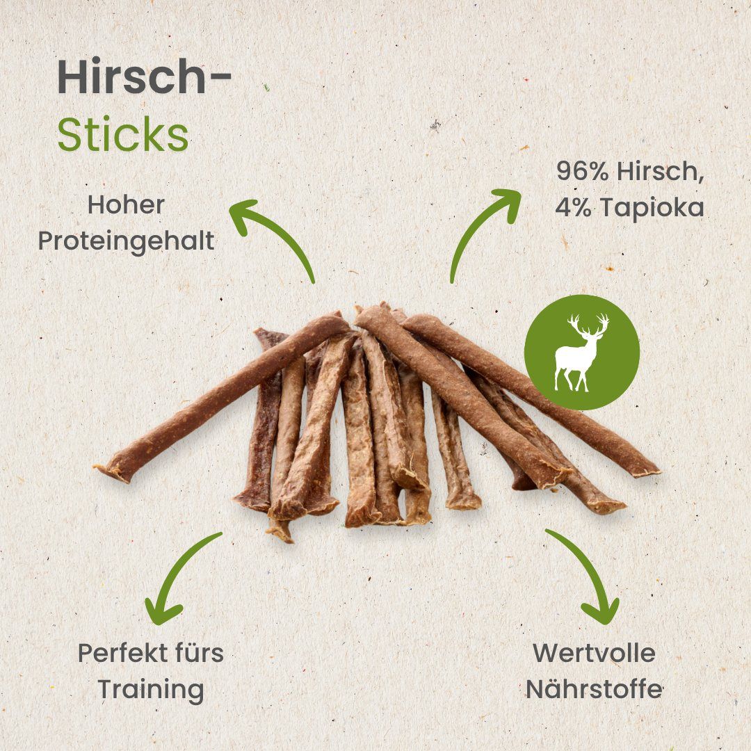 Hirsch-Sticks, 96% Hirsch, 4% Tapioka, gut für Training und Nährstoffe.