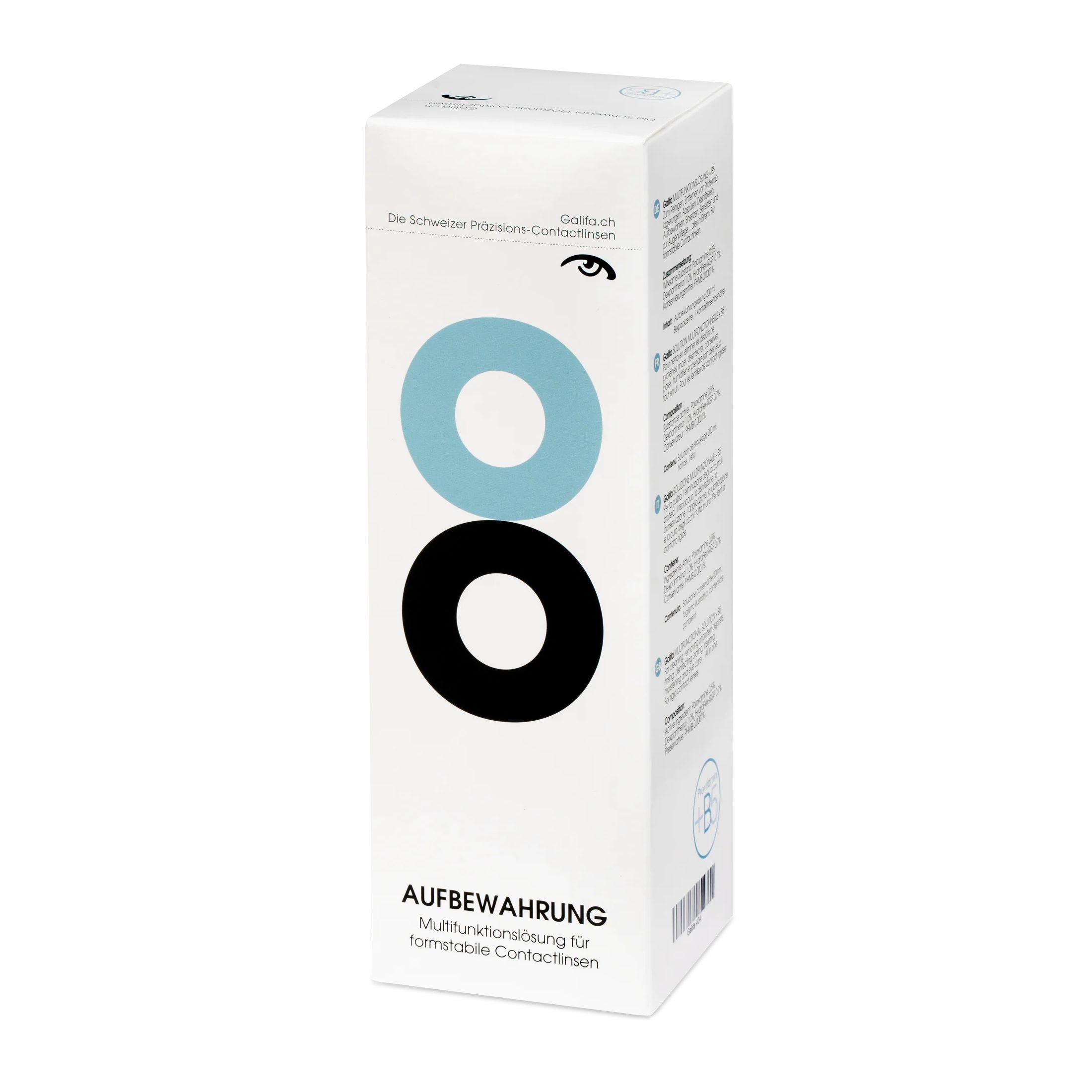 Weiße Verpackung mit blauen und schwarzen Kreisen. Aufschrift: AUFBEWAHRUNG Multifunktionslösung für formstabile Contactlinsen.