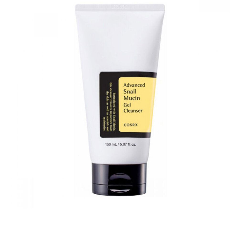 Weiß-schwarze Tube mit gelbem Etikett. Text: Advanced Snail Mucin Gel Cleanser, COSRX. Schwarzer Deckel. 150 ml.