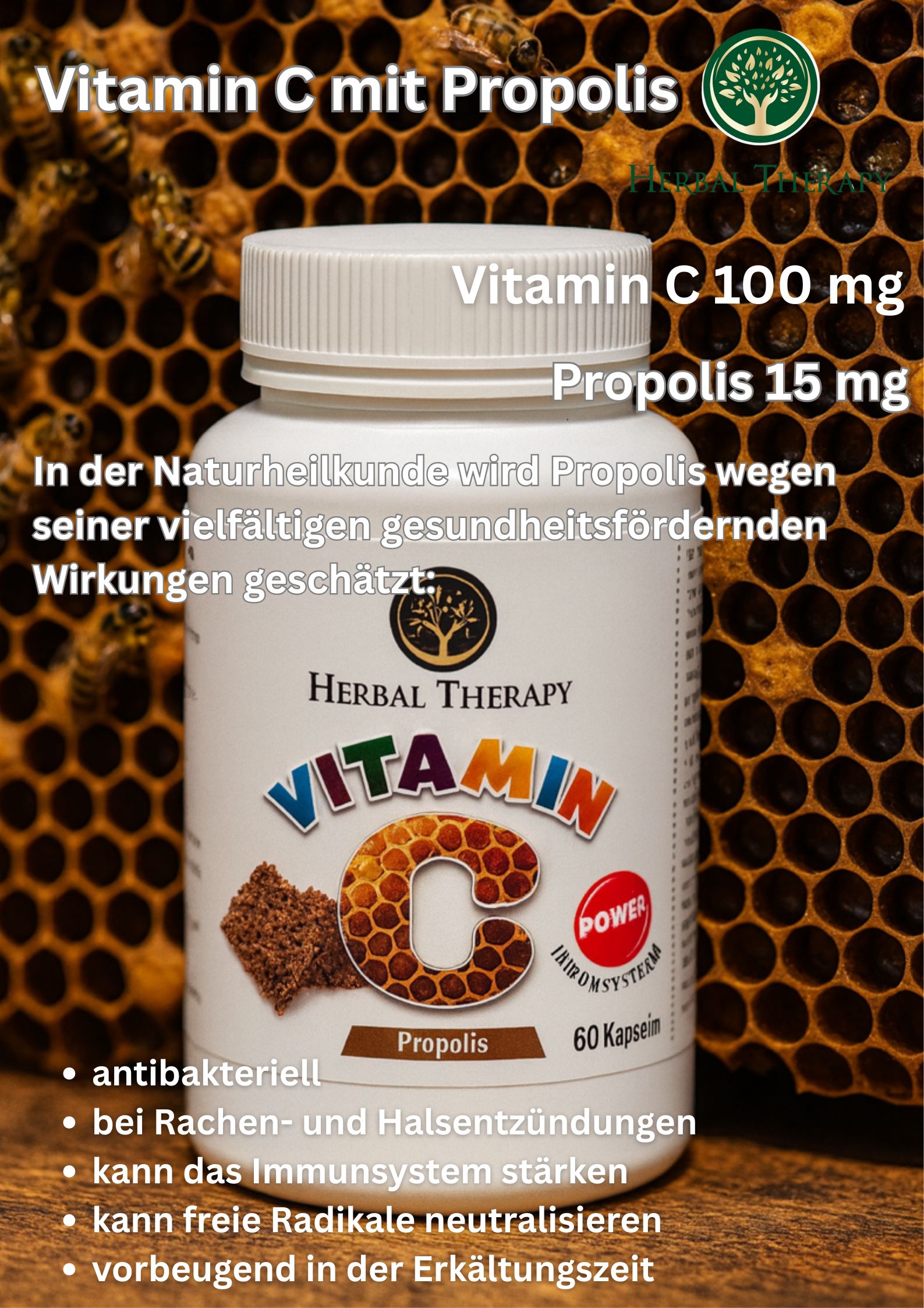 Flasche mit Vitamin C und Propolis. Aufschrift: Herbal Therapy, Vitamin C 100 mg, Propolis 15 mg. 60 Kapseln.