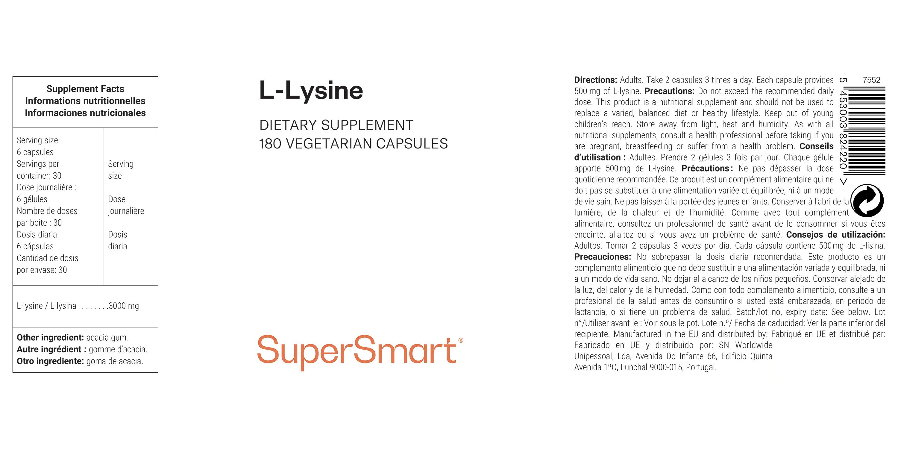 L-Lysin-Nahrungsergänzungsmittel. 180 vegetarische Kapseln. SuperSmart-Logo. Nährwertangaben.