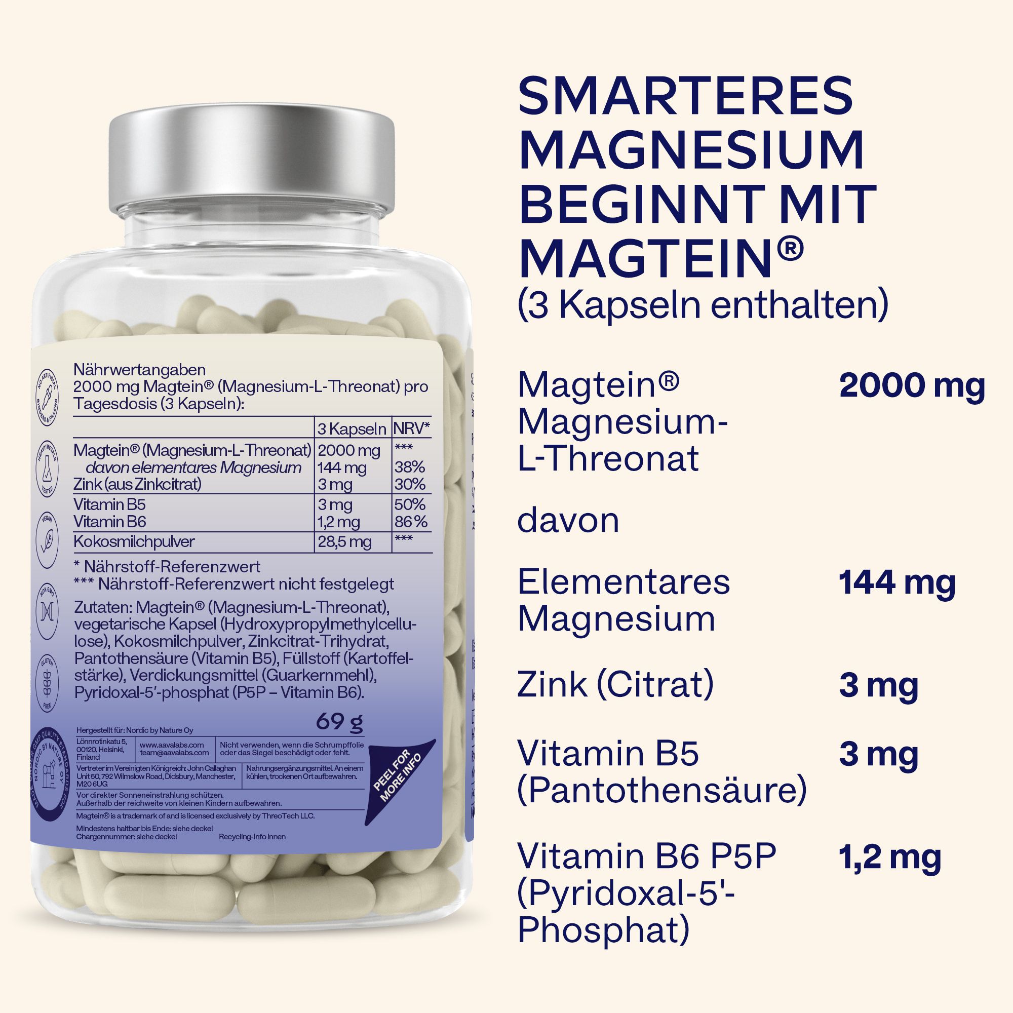 Flasche mit Magnesium-Kapseln, enthält 2000 mg Magnesium-L-Threonat pro Tagesdosis.
