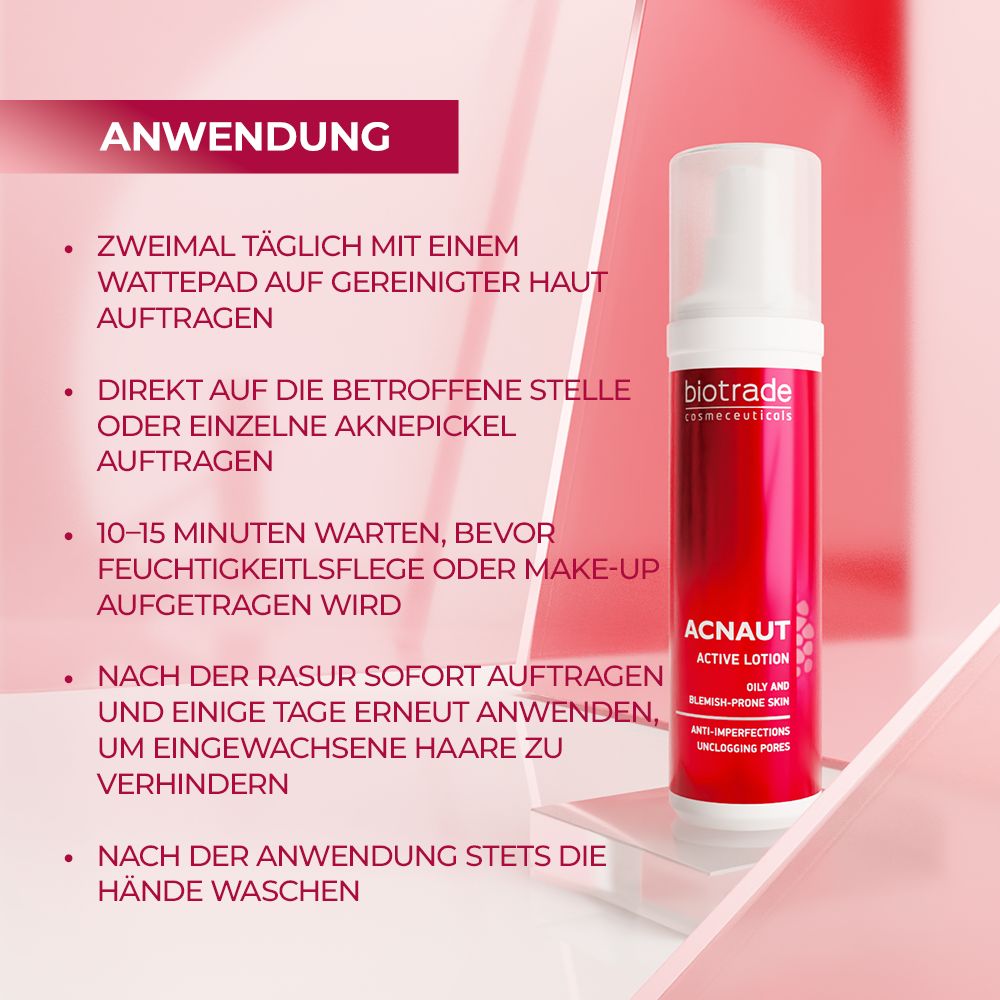 Rote Flasche mit weißem Deckel. Text: Biotrade, Acnaut Active Lotion. Anwendung: Wattepad, gereinigte Haut, betroffene Stelle.