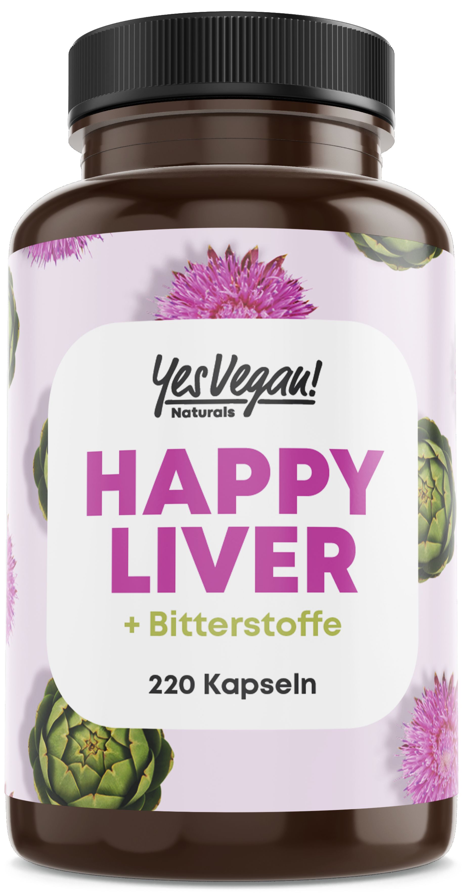 Braune Flasche mit Kapseln. Aufschrift: Happy Liver + Bitterstoffe, 220 Kapseln. Logo: Yes Vegan! Naturals.
