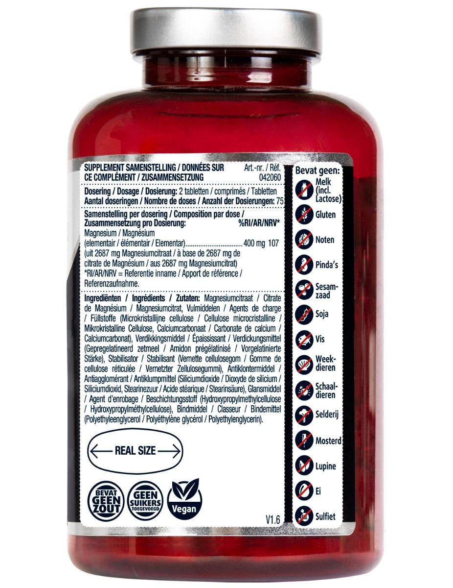 Rückseite der roten Flasche. Zutatenliste, Nährwertangaben und Allergiehinweise. Vegan-Siegel.