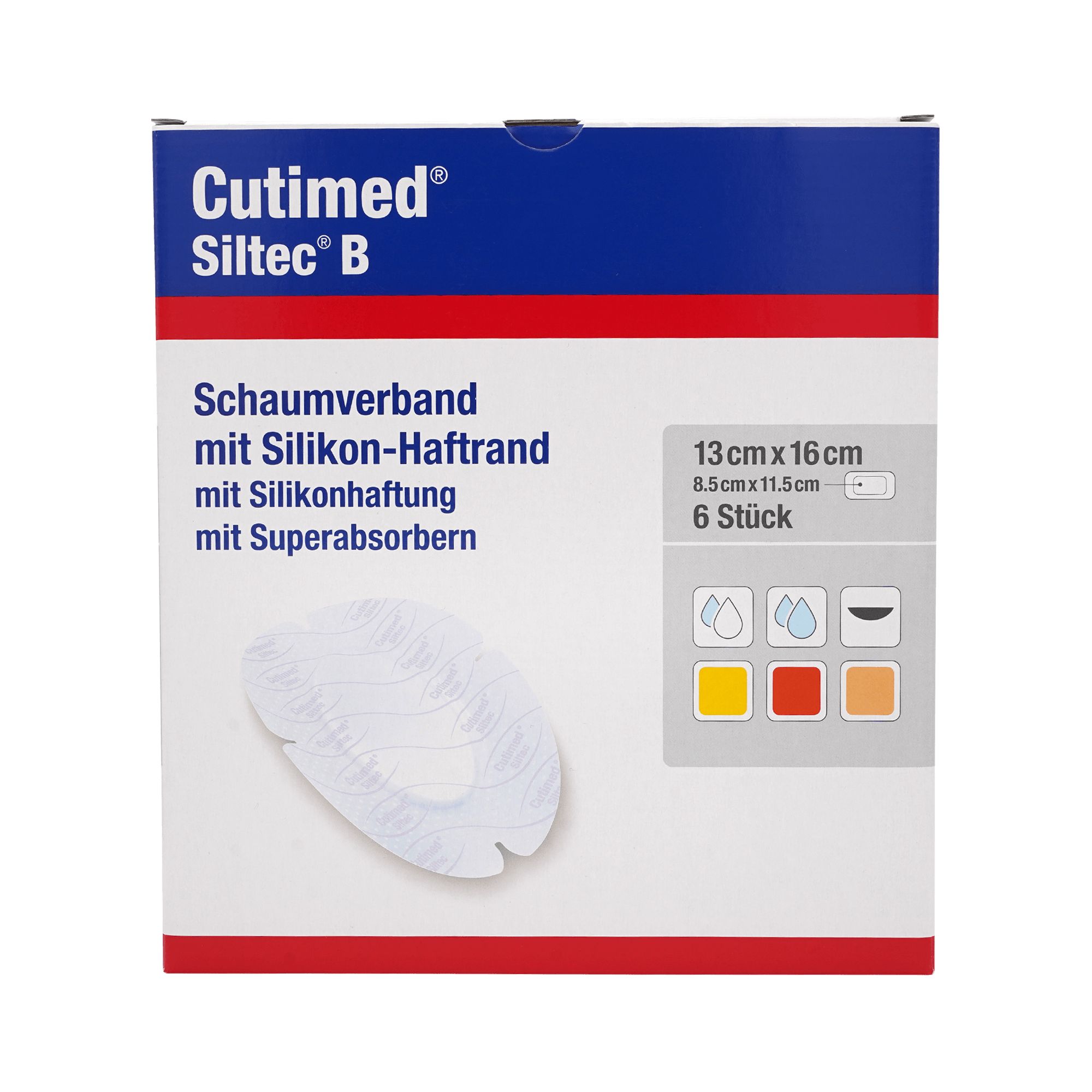 Verpackung von Cutimed Siltec B. Enthält Schaumverband mit Silikon-Haftrand. Größe: 13cm x 16cm. 6 Stück. Produktname und Details sind auf der Verpackung angegeben.