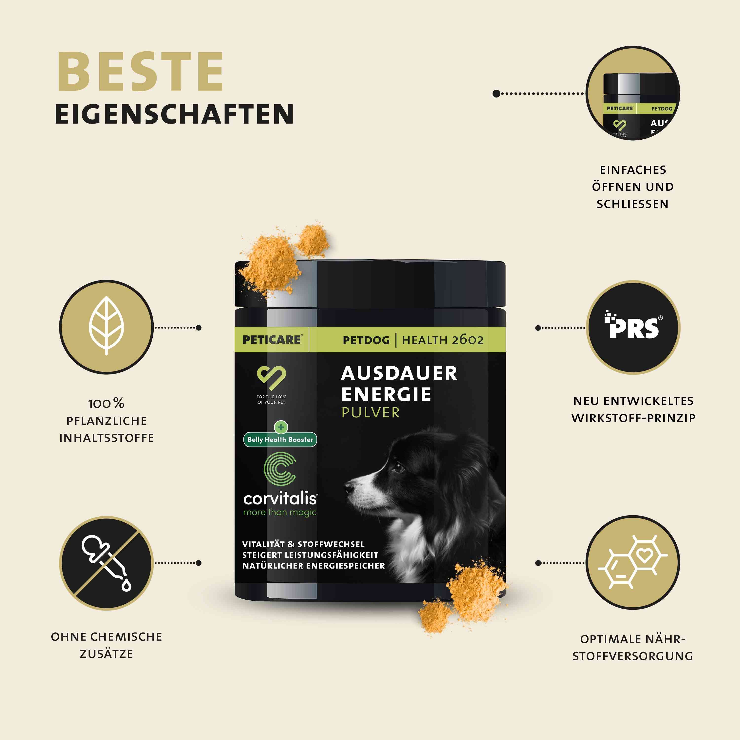 Hund isst aus Napf. Text: Einfache Dosierung mit Messlöffel. Messlöffel mit Pulver. Anweisungen zur Dosierung.