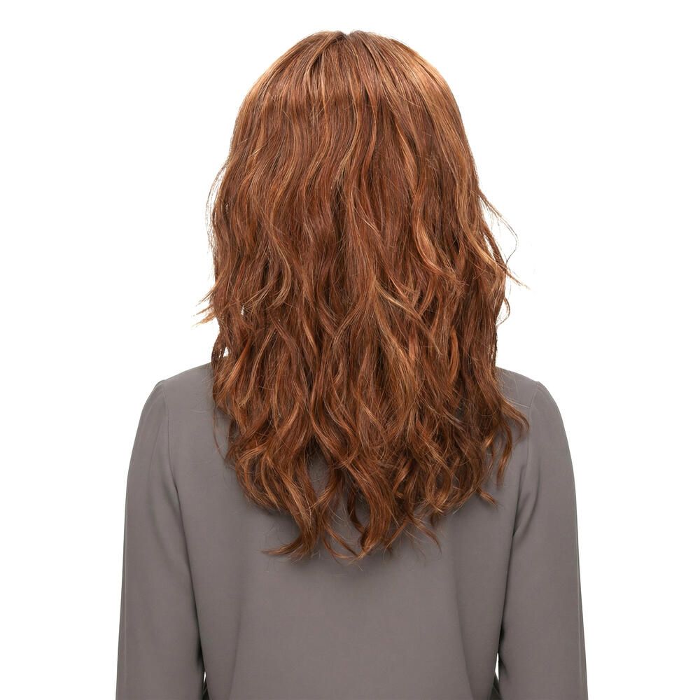 Perücke Kiky von trendhair. Rötlich-braune, gewellte Kunsthaarperücke. Rückansicht.