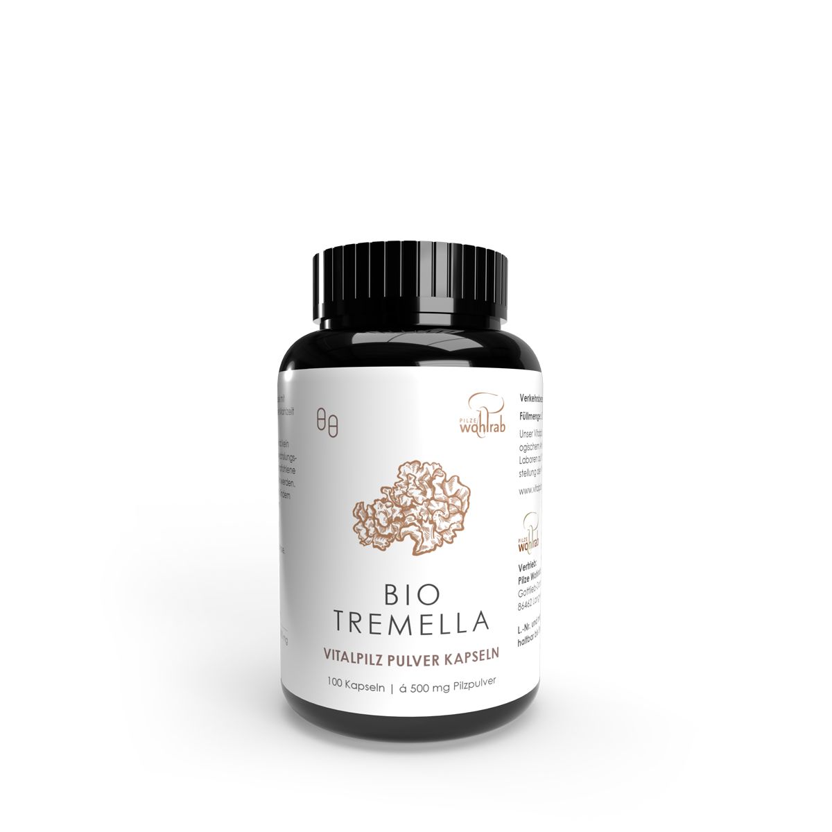 Braune Pillendose mit schwarzem Deckel. Aufschrift: BIO TREMELLA Vitalpilz Pulver Kapseln.