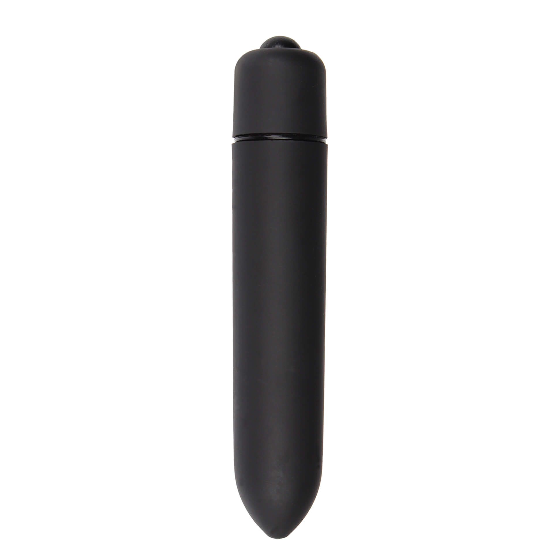 Schwarzer, zylindrischer Vibrator. Abgerundete Spitze und Bedienknopf. Vertikale Ansicht.
