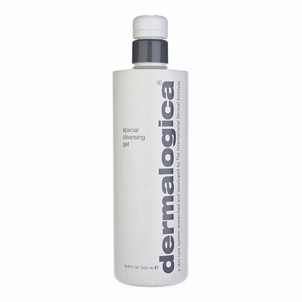 Weißer Spender mit Schraubverschluss. Aufschrift: Special Cleansing Gel, dermalogica. Grauer Verschluss.