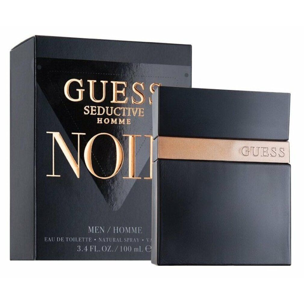 Schwarzer Flakon und Verpackung. Goldener Schriftzug: GUESS Seductive Homme Noir. Eau de Toilette. 100 ml.
