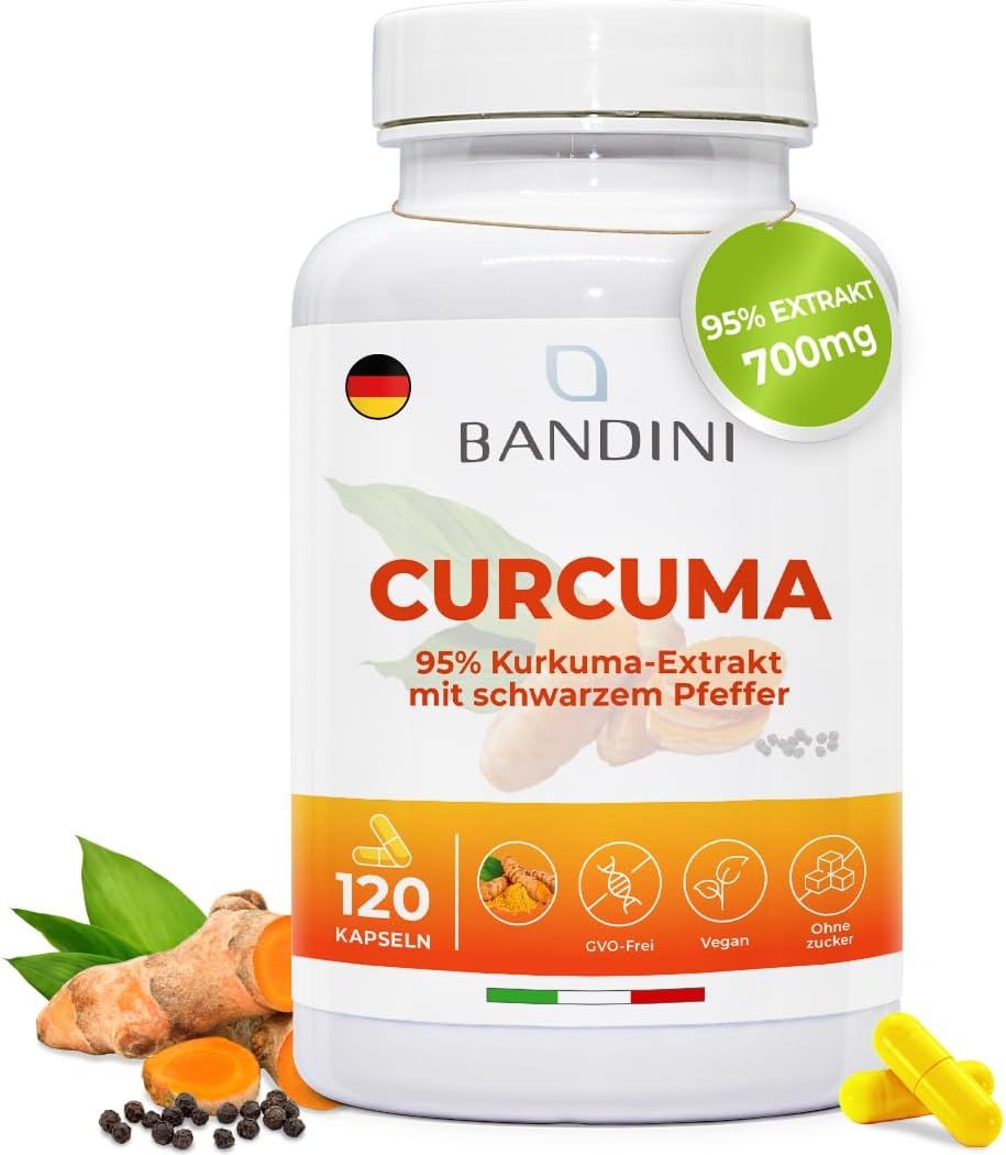Weiße Flasche mit Kapseln. Aufschrift: Bandini Curcuma. 120 Kapseln. Kurkuma-Wurzeln und Pfeffer.