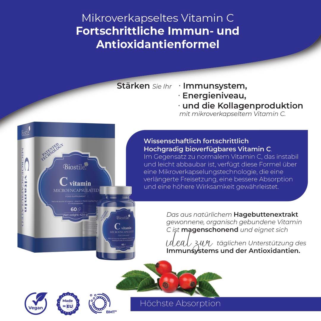 Produktabbildung mit Text: "Mikroverkapseltes Vitamin C". Flasche und Verpackung mit Produktinformationen. Hagebutten.