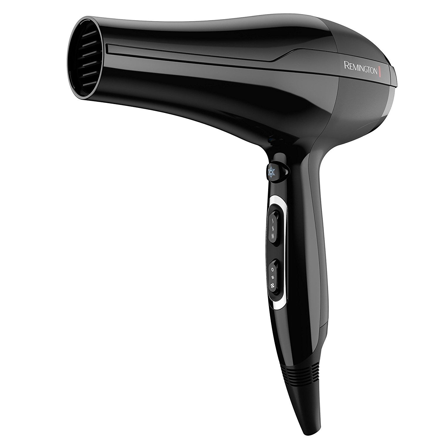 Schwarzer Haartrockner. Marke Remington. Drei Knöpfe am Griff. Düse und Griff in einem Winkel.