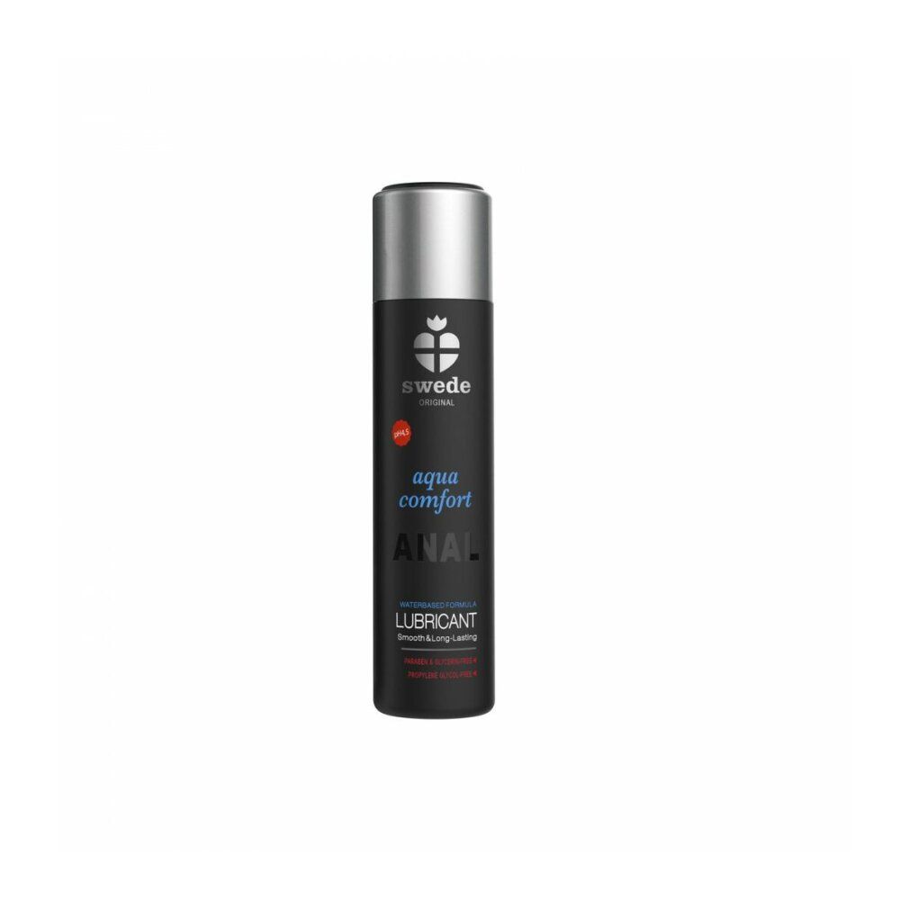 Schwarze Flasche mit silbernem Deckel. Aufschrift: Swede, aqua comfort ANAL, LUBRICANT. Wasserbasierte Formel.