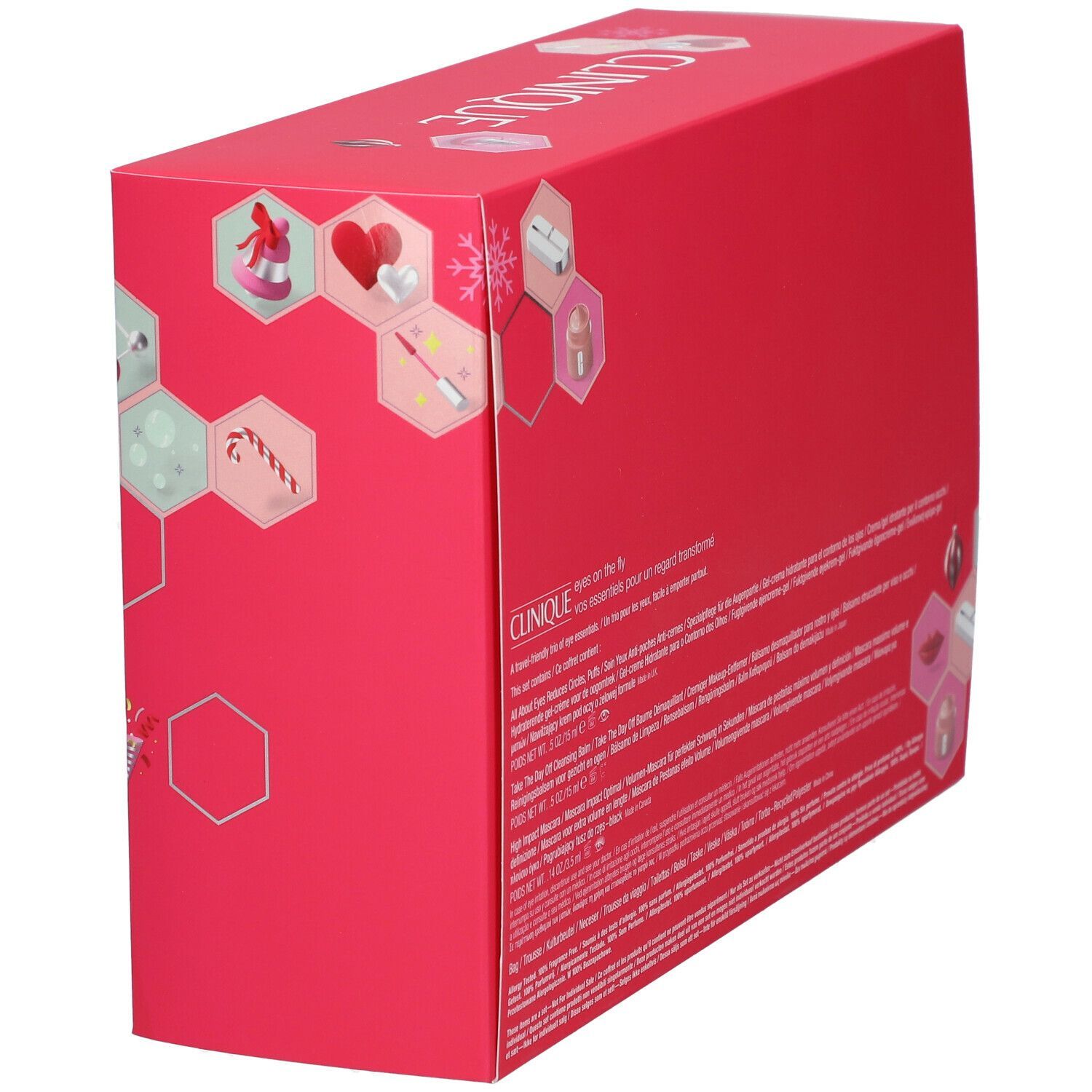 Coffret cadeau CLINIQUE Eyes on the fly. Emballage rose avec texte et informations sur le produit. Vue en angle.