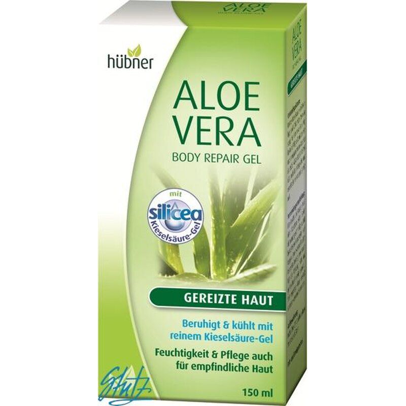 Grüne Verpackung mit "Hübner Aloe Vera Body Repair Gel"-Logo. Text: Aloe Vera, gereizte Haut, 150 ml. Enthält Kieselsäure-Gel.