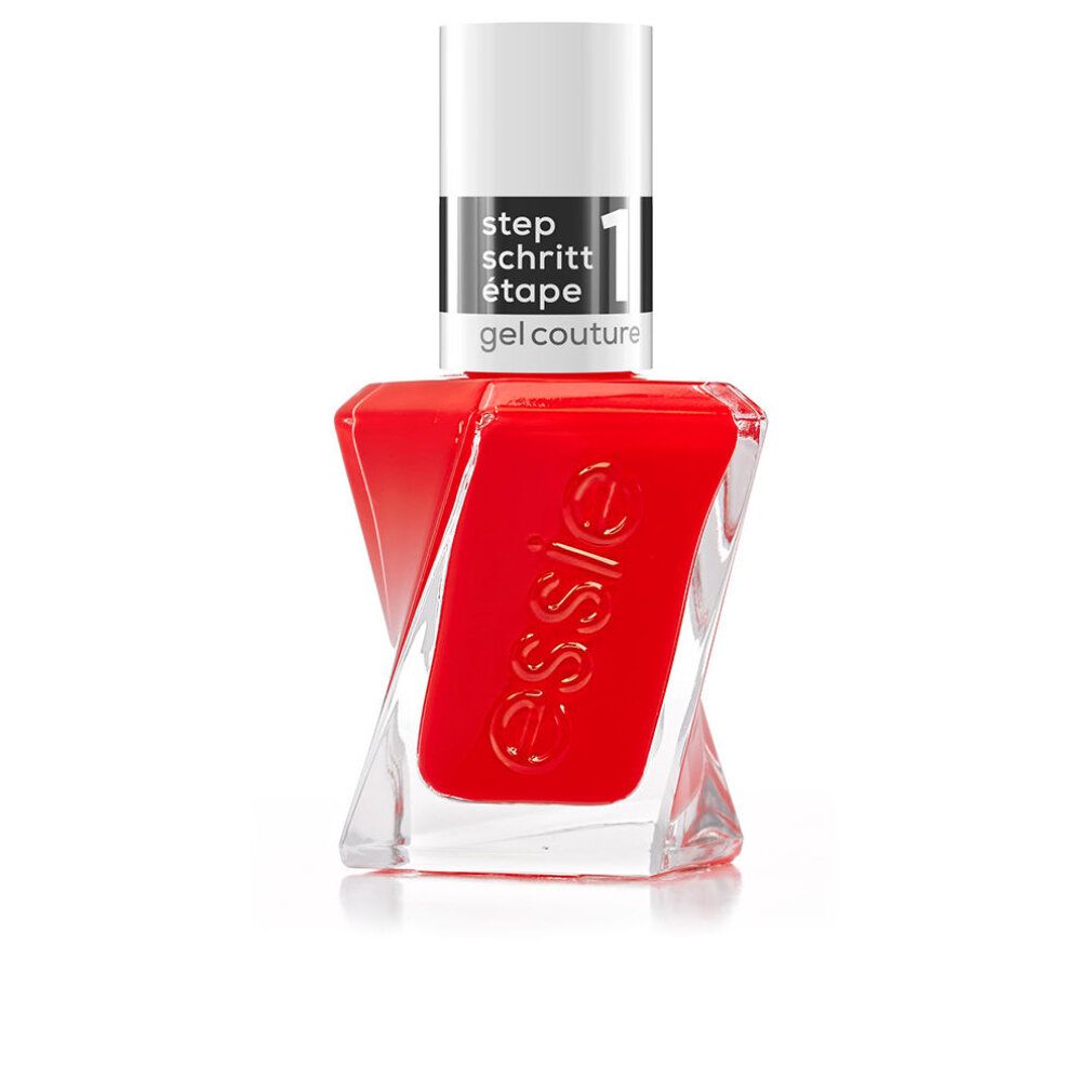Roter Nagellack in einer Glasflasche. Der Name essie ist sichtbar. Auf dem Deckel steht 'step 1 gel couture'.