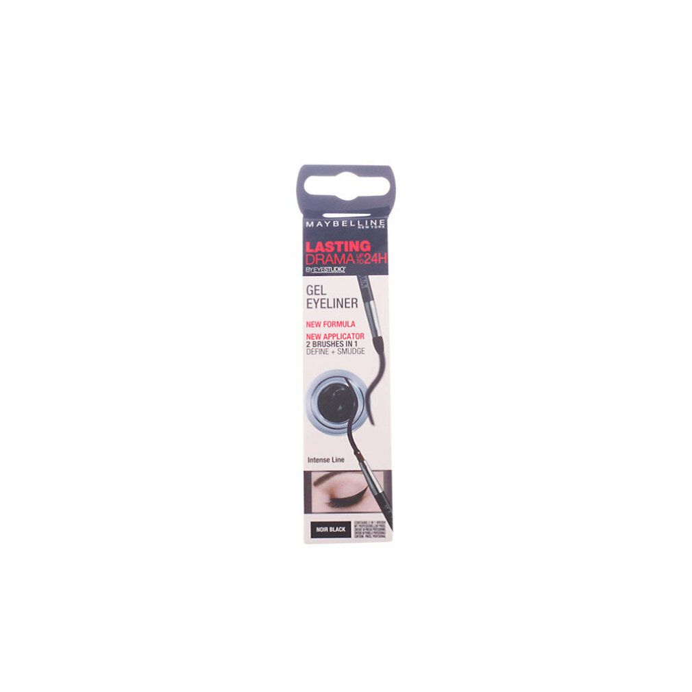 Verpackung mit schwarzem Gel-Eyeliner und Applikator. Marke Maybelline New York. Text: Lasting Drama 24H.