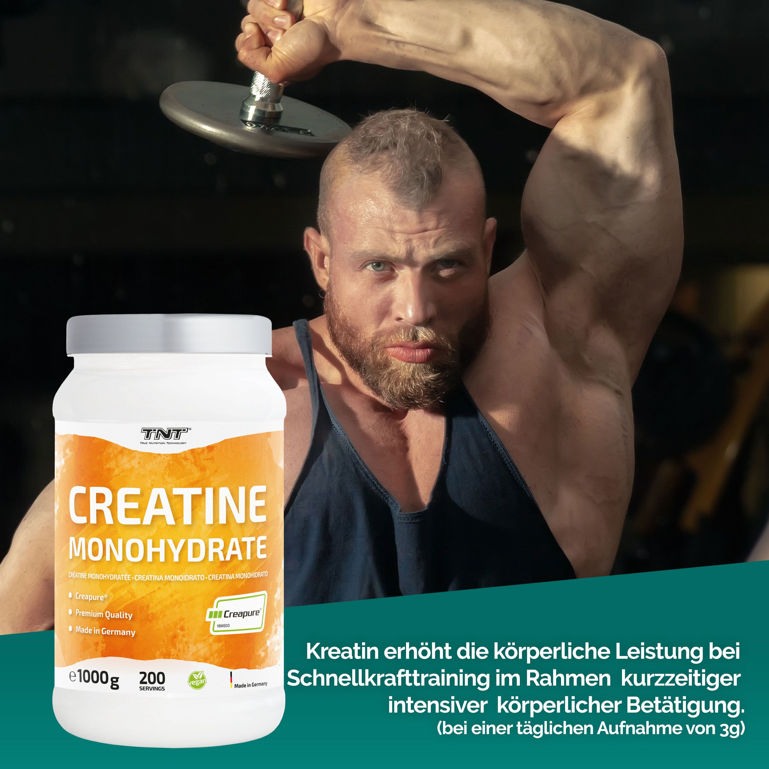 TNT Creatine Monohydrate Creapure® Dose. Aufdruck: Creatine Monohydrate, 1000g, 200 Portionen. Mann trainiert mit Hantel.